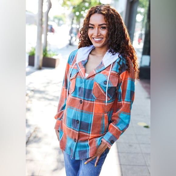 Teal Blue, & Orange Plaid Button Down Hooded Flannel, Medium Shacket, USA Made - Picture 6 of 14